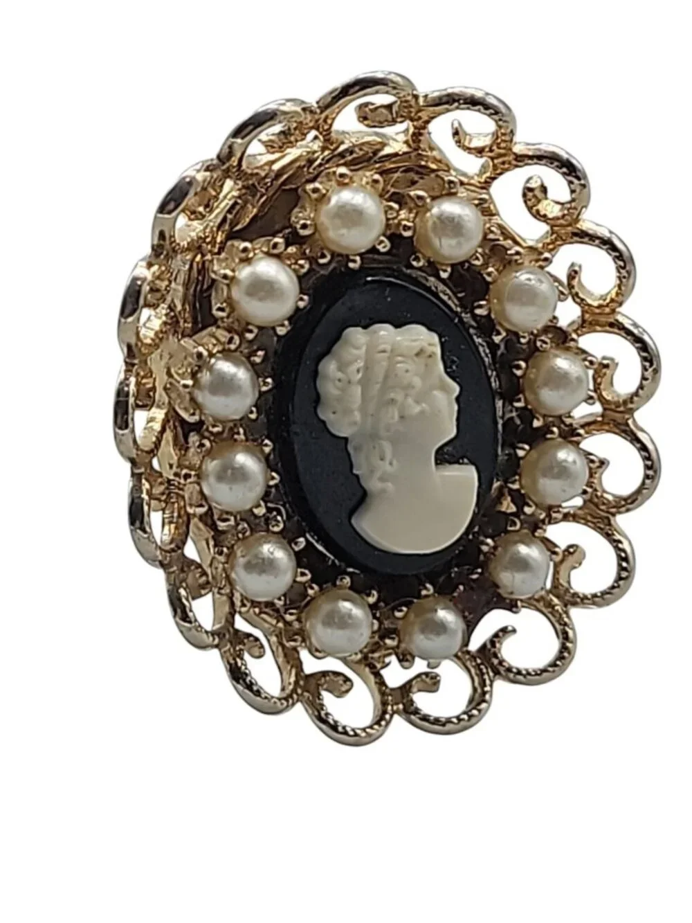 Coro Cameo Brooch Faux Resin  Gold Tone Open Work Frame Faux Pearl Black White